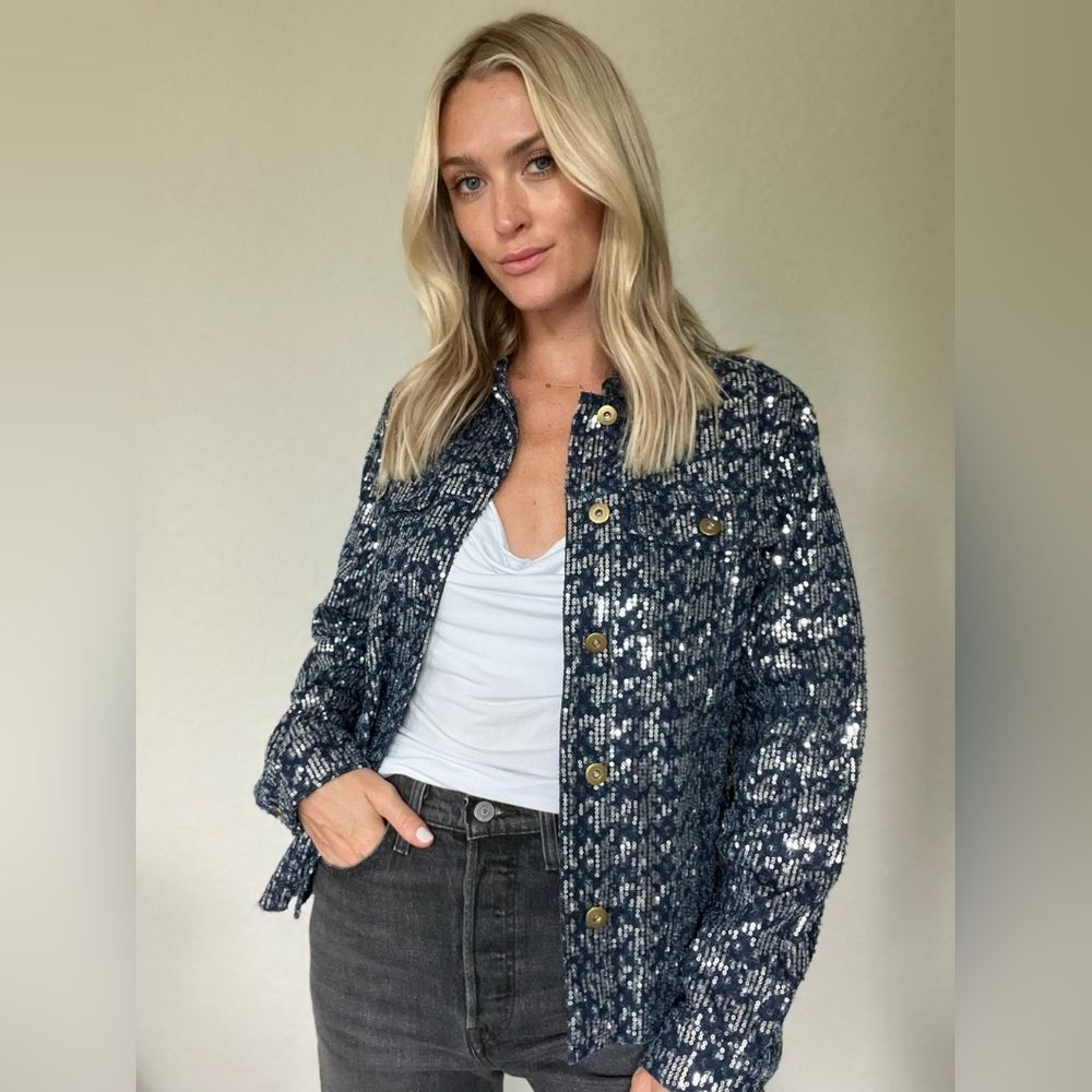 Boutique Denim Blue Jacket Silver Sequin Embellished Brass Button Raw Hem Sz XS - Picture 5 of 12
